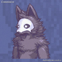 anthro black_body black_fur black_sclera blue_background bone bone_mask chest_tuft fur head_tuft male mask simple_background skull skull_mask solo text textured_background three-quarter_view tuft white_eyes the_blind_archer changed_(video_game) puro_(changed) canid canine canis dark_latex goo_creature mammal wolf 1:1 artist_name bust_portrait digital_media_(artwork) english_text hi_res pixel_(artwork) portrait watermark