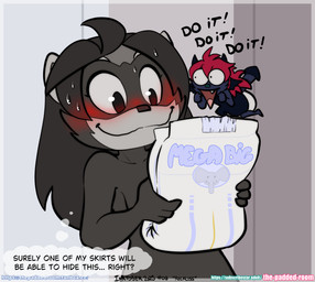 anthro blush clothed clothing diaper duo female humor nude shoulder_angel text wearing_diaper wetness_indicator the_padded_room esmeralda_kingsley demon mammal procyonid raccoon english_text hi_res