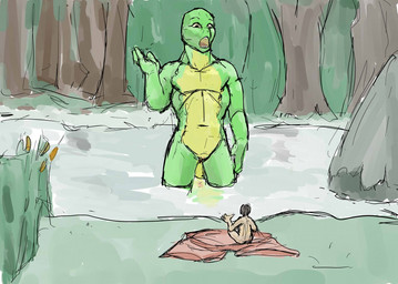 ambiguous_gender anthro bottomwear brown_hair clothing duo eye_contact forest forest_background genitals green_body green_skin hair looking_at_another macro macro_anthro male micro micro_human nature nature_background navel nude nude_female open_mouth pale_skin partially_submerged plant river rock shocked shorts sitting tree vulva jeri_kleinlowe cattails human mammal species_request 2012 colored guide_lines