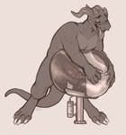 anthro balls bodily_fluids breeding_mount claws cum cumshot ejaculation erection eyes_closed genital_fluids genitals horn male open_mouth penile penis_milking penis_milking_machine simple_background solo tongue tongue_out white_background seraphictiger kobold scalie hi_res monochrome