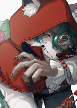 anthro bottomwear claws clothing eyewear fur grey_body grey_fur hair hood looking_at_viewer male monocle multicolored_body multicolored_fur paws red_clothing red_hood solo topwear two_tone_body two_tone_fur white_body white_fur cy_an04 compass_(combat_providence_analysis_system) charles_richter_(compass) canid canine canis mammal wolf 2026 hi_res