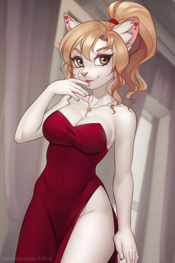 5_fingers accessory anthro bangs bent_arm big_breasts biped blonde_hair breasts claws cleavage closed_smile clothed clothed_anthro clothed_female clothing coy crotch_lines curly_hair dress dress_only ear_piercing evening_gown eyelashes female female_anthro finger_claws fingers green_eyes hair hair_accessory hair_tie heart_ear_piercing heart_piercing heart_symbol humanoid_hands inner_ear_fluff inside iris jewelry key key_around_neck key_necklace lips long_hair looking_at_viewer monotone_body monotone_clothing monotone_dress monotone_hair mouth_closed necklace no_underwear piercing pink_claws pink_inner_ear pink_nose ponytail pose pupils red_clothing red_dress red_lips slit_dress smile smiling_at_viewer solo standing straight_arm text thick_bottom_lip tied_hair tuft white_body white_inner_ear_fluff white_sclera white_tuft wide_hipped_anthro wide_hipped_female wide_hips iskra alisa_(iskra) domestic_cat felid feline felis mammal 2019 2:3 digital_media_(artwork) pinup portrait shaded three-quarter_portrait url