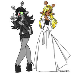 anthro antlers black_hair blonde_hair buckteeth business_suit clothing dress duo female fingerless_gloves fusion gloves hair handwear heterochromatic_glasses hooves horn long_hair red_nose scut_tail short_tail square_crossover suit sweater tail teeth topwear turtleneck alexandria_(artist) deltarune undertale_(series) fan_character noelle_holiday spamelle spamton_g._spamton deer mammal new_world_deer reindeer 1:1 signature