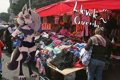 anthro arm_tuft bottomwear breasts clothing crop_top digitigrade ear_piercing ear_ring eyebrows eyelashes female fur grey_body grey_fur grey_hair hair hands_on_hips mexico midriff photo_background piercing red_sclera ring_piercing shirt shorts shoulder_tuft solo topwear tuft white_body white_fur illustratorfake hellaverse helluva_boss loona_in_mexico mythology loona_(helluva_boss) canid canid_demon canine demon hellhound mammal mythological_canine mythological_creature 2026 mixed_media photography_(artwork)