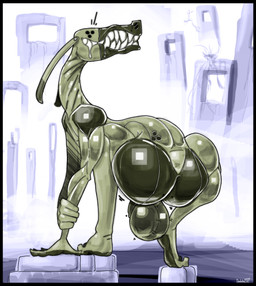 anthro anus backsack balls barely_visible_anus bodily_fluids butt crouching cybernetics drooling fangs flaccid frothzone genitals glistening glistening_body long_ears long_neck machine male markings penis presenting presenting_anus presenting_hindquarters saliva slim smile solo synthetic teeth unusual_eyes daleks2377 android cyborg humanoid robot absurd_res hi_res