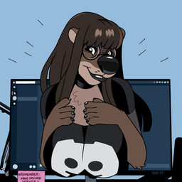 anthro big_breasts black_clothing black_lips black_nose black_shirt black_topwear breasts brown_body brown_fur brown_hair clothing computer_monitor eyewear female fur glasses hair lips looking_at_viewer round_glasses shirt smile solo text topwear blackshirtboy discord_(app) otter_(blackshirtboy) mammal mustelid otter 1:1 2023 absurd_res english_text hi_res
