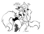 anthro bottomwear cheek_piercing clothed clothing dialogue duo eyes_closed female fluffy fully_clothed fur gloves_(marking) inner_ear_fluff leg_markings male markings midriff pants piercing romantic screentone shirt shorts simple_background socks_(marking) tail tank_top text topwear tuft white_background falvie the_fox_(falvie) canid canine canis fox mammal wolf 2021 digital_media_(artwork) english_text hi_res monochrome signature sketch