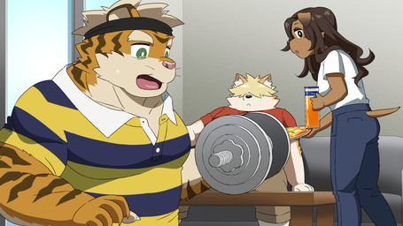 anthro bottomwear clothing countershading detailed_background dumbbell exercise female group humanoid_hands inside kemono male musclegut muscular pants shirt topwear weightlifting weights workout nikiciy canid canine canis domestic_dog felid mammal pantherine tiger 16:9 2022 widescreen