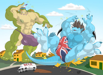 abs alcohol anthro beer beverage big_muscles building bulge crush destroyed dizzy drunk duo house huge_muscles hyper hyper_muscles macro male muscular outside pecs substance_intoxication tail truck vehicle cooner bandai_namco digimon mythology beta_tyson digimon_(species) dinohyumon dinosaur dragon mythological_creature mythological_scalie prehistoric_species reptile scalie theropod