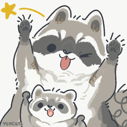 black_eyes black_nose chibi dot_eyes duo feral grey_body one_eye_closed paws simple_eyes size_difference tongue tongue_out white_body wink yencatx mammal procyonid raccoon 1:1 2022