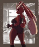 5:6 anthro big_breasts bodily_fluids breasts brown_body brown_fur butt clothed clothing dumbbell exercise female fur generation_4_pokemon hi_res jmf lopunny nintendo pokemon pokemon_(species) portrait quakebrothers solo sweat three-quarter_portrait weightlifting weights workout