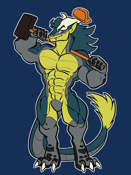 abs anthro armor big_muscles big_pecs claws fangs green_body green_scales grey_body grey_scales hammer hard_hat headgear helmet horn male muscular paws pecs red_eyes scales sledgehammer smile smirk solo tail tail_tuft teeth tools tuft yellow_body yellow_scales rtf-m mythology brom_(sahurus) dragon mythological_creature mythological_scalie scalie 3:4 alpha_channel hi_res