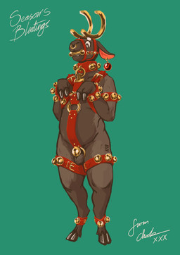 anthro balls bell bell_collar bell_harness bit_gag brown_body brown_fur chastity_cage chastity_device cloven_hooves collar ear_piercing ear_ring facial_piercing fake_antlers fake_horns fur gag genitals green_background halter harness holidays hooves humor jingle_bell jingle_bell_anklet jingle_bell_armband jingle_bell_collar jingle_bell_harness jingle_bell_legband jingle_bell_wristband male nose_piercing nose_ring nude nude_male ornament paw_pose piercing pose pun ring_piercing sheared simple_background slightly_chubby slightly_chubby_male solo standing text wide_eyed timesnewhomo christmas ecru_(timesnewhomo) bovid caprine mammal sheep 2025 digital_media_(artwork) english_text hi_res