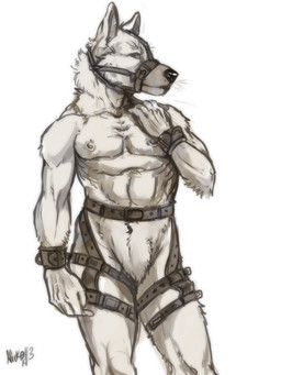anthro featureless_crotch front_view leather leather_strap male mouth_closed muscular muscular_anthro muscular_male muzzle_(object) muzzled navel nipples nude simple_background solo standing straps whiskers chumbasket canid canine mammal 2013 2014 3:4 absurd_res dated hi_res monochrome portrait three-quarter_portrait