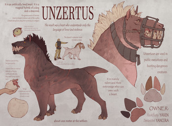 animal_genitalia baby brown_body brown_fur collar ear_scar egg facial_scar fangs fangs_bared fantasy female feral fully_sheathed fur genitals green_eyes group hooves male mane mohawk muscular muscular_feral muzzle_(object) muzzled neck_muscles paws scar sheath species_description species_sheet spots stripes teeth text vein whip whip_mark white_body white_fur yellow_eyes young tashiroth canid canine canis domestic_dog fantasy_creature human hybrid mammal mixed_breed unknown_species english_text hi_res model_sheet