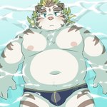 anthro belly big_belly blush bulge clothing kemono male moobs navel nipples overweight overweight_male solo underwear water white_body ptcmtr lifewonders tokyo_afterschool_summoners licho_(tas) felid mammal pantherine tiger 1:1 2022 hi_res