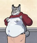 anthro belly belt big_belly blue_eyes cheek_tuft clothed clothing clothing_lift ear_tuft exposed_belly eyebrows facial_tuft fur gainer grey_body grey_fur grey_hair grey_nipples hair hoodie hoodie_lift khaki_pants love_handles male moobs navel nipples obese obese_anthro obese_male overweight overweight_anthro overweight_male pink_nose raised_eyebrow red_clothing red_hoodie red_topwear shirt shirt_lift simple_background smile solo topwear tuft weight_gain whiskers white_body white_fur fruppyo echo_(game) echo_(series) echo_project tj_hess felid feline lynx mammal hi_res