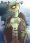 absurd_res angry annoyed anthro argonian belly bethesda_softworks big_belly breasts clothed clothing darlondemonic deeja egg_belly female green_body hands_on_belly hi_res horn navel non-mammal_breasts pregnant pregnant_anthro pregnant_female reptile scalie shoulder_pads skyrim solo the_elder_scrolls