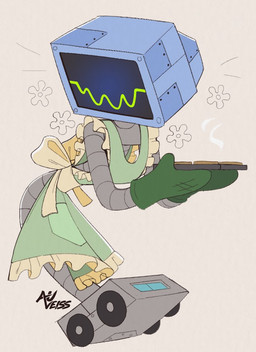 ambiguous_gender apron clothing food for_a_head green_clothing grey_body handwear holding_object machine mittens pose screen screen_face simple_background solo wheel auveiss nickelodeon spongebob_squarepants karen_plankton object_head robot screen_head 2026
