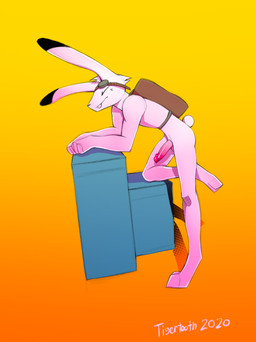 anthro backpack balls blush erection eyewear fur genitals goggles humanoid_genitalia humanoid_penis leaning leaning_forward male nude penis pose simple_background smile solo standing tuft tigertooth lagomorph leporid mammal rabbit 2020 absurd_res digital_media_(artwork) hi_res