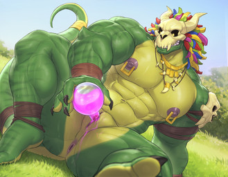 4_fingers abs animal_genitalia ankle_wraps anthro anus areola arm_support arm_wraps biceps big_muscles black_claws black_toe_claws blurred_foreground bodily_fluids bone bone_mask claws clenched_teeth countershading depth_of_field dutch_angle fingers genital_slit genitals grass green_body leaning liquid_on_body looking_down male mask muscular muscular_anthro muscular_male navel nipple_dip nipple_piercing nipples no_pupils object_in_slit object_insertion on_grass on_ground pecs piercing plant potion potion_bottle skull skull_mask slit_play solo sweat sweaty_body tail teeth toe_claws wraps yellow_body yellow_countershading yellow_eyes fishingmanmax terraria witch_doctor_(terraria) lihzahrd lizard lizardman reptile scalie absurd_res hi_res