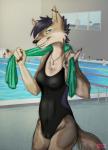 anthro blue_eyes breasts brown_body brown_fur camel_toe clothed clothing female fur grin group hair looking_at_viewer nipple_outline one-piece_swimsuit short_hair smile solo_focus sport_swimsuit swimming_pool swimwear caatnip tuni canid canine canis coyote mammal hi_res