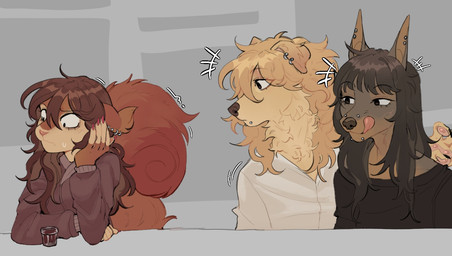 5_fingers ambiguous_gender anthro biped bridge_piercing brown_body brown_fur brown_hair brown_tail claws clothed clothed_ambiguous clothed_anthro clothing ear_piercing ear_ring facial_piercing female female_anthro finger_claws fingers front_view fur group hair licking licking_lips lip_piercing looking_at_another multiple_piercings nose_piercing piercing ring_piercing snakebite_piercing tail tongue tongue_out topwear trio raccoattack canid canine canis domestic_dog mammal rodent sciurid tree_squirrel 2025 digital_drawing_(artwork) digital_media_(artwork)