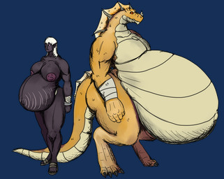 anthro bandage both_pregnant breasts clothing digitigrade duo facial_horn female fin footwear horn hyper hyper_pregnancy multiple_pregnancies nipples nose_horn pregnant sandals shoes vwpologt dungeons_and_dragons hasbro wizards_of_the_coast drow elf humanoid lizardfolk_(dnd) lizardman scalie alpha_channel
