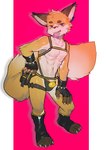 2022 anthro canid canine clothed clothing condom condom_in_mouth countershading fingerless_gloves fox gloves handwear harness hi_res jockstrap male mammal milkytiger1145 mouth_hold object_in_mouth plantigrade sexual_barrier_device simple_background skimpy solo standing underwear