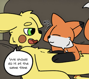 adult_on_young age_difference anthro black_body black_ears black_fur black_nose blonde_hair brown_tail chest_tuft duo eyes_closed fur furniture green_eyes hair half-closed_eyes hand_on_chest happy inside looking_at_another lying lying_on_another lying_on_sofa male male/male multicolored_body multicolored_ears multicolored_fur narrowed_eyes nodding on_another on_back on_sofa orange_body orange_ears orange_fur orange_hair orange_tail sharp_teeth side_view size_difference smile sofa speech_bubble tail teeth text tongue tuft two_tone_ears two_tone_tail white_body white_fur white_tail yellow_body yellow_ears yellow_fur yellow_tail yellow_tuft young young_anthro young_male younger_male lightningb0lt01 nintendo pokemon error_(errorpika1440) fan_character tommy_(lightningb0lt01) canid canine fox generation_1_pokemon mammal pikachu pokemon_(species) 2025 absurd_res digital_media_(artwork) english_text hi_res signature