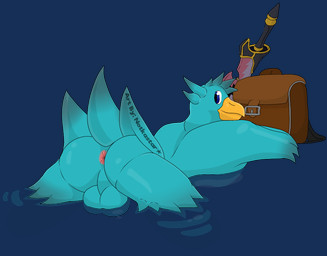 anthro anus backpack balls beak butt feathers genitals glistening glistening_body looking_back male melee_weapon presenting presenting_hindquarters relaxing smile solo swimming sword water weapon conditional_dnp notkastar final_fantasy final_fantasy_ix square_enix avian chocobo alpha_channel
