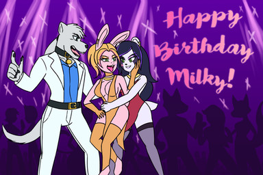 ambiguous_gender anthro birthday black_hair blonde_hair clothed clothing dancing dress female fur grey_body grey_fur group hair male party pink_body pink_fur trio white_body white_fur anonymous_artist milky_rivas bear canid canine giant_panda lagomorph leporid mammal rabbit 3:2 hi_res