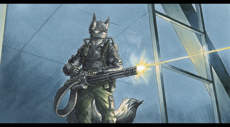 5_fingers anthro biped black_bars eyewear fingers fur gatling_gun glasses grey_body grey_fur gun gunshot holding_gun holding_object holding_ranged_weapon holding_weapon machine_gun male minigun ranged_weapon shooting solo weapon ewgengster terminator_(franchise) akelus_(spyglass8) canid canine canis mammal wolf 2026 absurd_res hi_res letterbox traditional_media_(artwork)