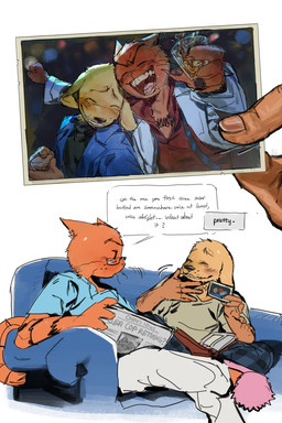 anthro biped dialogue drinking_alcohol duo eyewear freckled_face freckles fur furniture glasses male on_sofa orange_body orange_fur photo sitting sitting_on_sofa sofa text wearing_glasses yellow_body yellow_fur frune_ei01 dog_man_(series) dog_man_(character) petey_the_cat canid canine canis domestic_cat domestic_dog felid feline felis mammal 2025 comic english_text hi_res