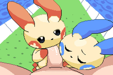 ambiguous_gender anthro balls collaborative collaborative_fellatio collaborative_oral collaborative_sex erection fellatio first_person_view fur genitals group human_pov licking light_body light_skin male male/ambiguous male_pov oral penile penis penis_in_mouth penis_lick sex tongue trio yellow_body yellow_fur mincheeto nintendo pokemon generation_3_pokemon human mammal minun plusle pokemon_(species) 2026 animated digital_media_(artwork) loop low_res pixel_(artwork) pixel_animation