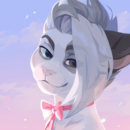 anthro blue_eyes closed_smile female fur glistening glistening_eyes grey_body grey_eyes grey_fur grey_hair hair heterochromia looking_at_viewer mouth_closed neck_bow nude pink_nose simple_background smile solo unsigned white_body white_fur white_hair corzh77 domestic_cat felid feline felis mammal 1:1 absurd_res bust_portrait hi_res icon portrait