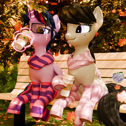 autumn beverage clothing coffee drinking duo female feral footwear magic outside scarf socks telekinesis tavitush friendship_is_magic hasbro my_little_pony octavia_(mlp) twilight_sparkle_(mlp) equid equine horse mammal pony 1:1 3d_(artwork) digital_media_(artwork) hi_res