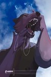 anthro areola biped blue_background blue_sky breasts card cloud fangs female four_of_swords_(tarot) impalement looking_up low-angle_view melee_weapon nipples nude open_mouth purple_body roman_numeral simple_background sky solo sword tarot tarot_card teeth tongue weapon oystr canid canine canis mammal wolf 2:3 hi_res