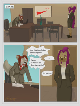 3_panel_comic 5_fingers anthro boss clothing comic_panel dialogue duo female fingers morning office secretary speech_bubble text foxrept anna_(foxrept) kriss_(foxrept) canid canine hyena mammal 3:4 absurd_res artist_name colored comic digital_drawing_(artwork) digital_media_(artwork) english_text hi_res