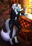 alcohol bar beverage blue_lips bottomwear breasts casual_outfit cleavage clothed clothing female fur grey_body grey_fur jacket jewelry leather leather_bottomwear leather_clothing leather_jacket leather_pants leather_topwear lips mature_female necklace pants paws solo teasing topwear yellow_eyes poppypoco kerris_doka canid canine canis domestic_dog mammal hi_res