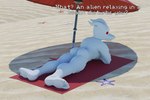 2023 3:2 3d_(artwork) albalbalb alien anus bare_body beach bubble_butt butt digital_media_(artwork) earthbound_(series) english_text feet gieeg giygas hi_res humanoid looking_at_viewer looking_back lying male muscular muscular_male nintendo nude outside rear_view red_eyes sand seaside shadow solo sunny tail teeth teeth_showing text thick_thighs towel umbrella white_body white_skin white_text