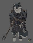 anthro armor belt biped bone bracers claw_marks clothed clothing fully_clothed gloves grey_background handwear mace male melee_weapon pauldron simple_background skull solo standing weapon wolfdawg canid canine canis mammal wolf 2017 hi_res