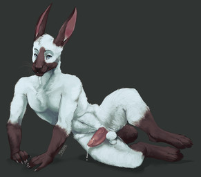 anthro balls blue_eyes bodily_fluids brown_body brown_fur erection fur genital_fluids genitals gloves_(marking) humanoid_genitalia humanoid_penis leg_markings long_ears lying male male_anthro markings nude nude_anthro nude_male on_side penis pink_penis precum precum_string smile socks_(marking) solo tail vein veiny_penis whisker_spots whiskers white_body white_fur i-psilone lagomorph leporid mammal rabbit 2021