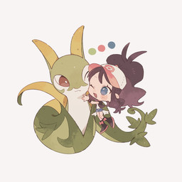 ;3 ambiguous_gender blue_eyes blush blush_lines bottomwear brown_hair chibi clothing duo eyelashes female feral footwear green_body hair hat headgear headwear hug one_eye_closed open_mouth red_eyes shoes shorts simple_background himetya105 nintendo pokemon hilda_(pokemon) generation_5_pokemon human mammal pokemon_(species) reptile scalie serperior snake 1:1 2025 hi_res