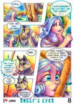 2020 anthro blue_hair bodily_fluids boop bovid canid canine canis caprine clothed clothing comic crying detailed_background dialogue domestic_sheep duo english_text female fur hair hi_res horn lirkov male mammal open_mouth profanity river sheep shepherd's_crook sky tears text traditional_media_(artwork) water wolf