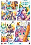 anthro blue_hair bodily_fluids boop clothed clothing crying detailed_background dialogue duo female fur hair horn male open_mouth profanity river shepherd's_crook sky tears text water lirkov bovid canid canine canis caprine domestic_sheep mammal sheep wolf 2020 comic english_text hi_res traditional_media_(artwork)