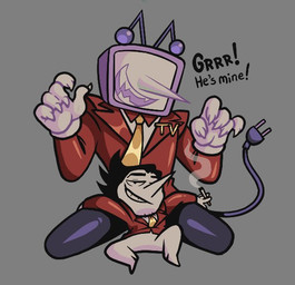 antennae_(anatomy) cigarette cigarette_smoke clothed clothing duo electrical_plug_tail electronics for_a_head grey_background holding_cigarette holding_object male screen screen_face simple_background smoke suit television kyrakupetsky deltarune undertale_(series) spamton_g._spamton tenna_(deltarune) addison_(deltarune) darkner humanoid object_head screen_head tv_head