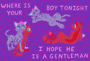 :3 abstract_background blue_eyes duo female feral fur green_eyes grey_body grey_fur hair male narrowed_eyes pink_hair red_body red_fur text toony demensa fall_out_boy warriors_(book_series) ashfur_(thunderclan) squirrelstar_(warriors) domestic_cat felid feline felis mammal 2025 english_text flat_colors hi_res