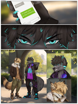 anthro blue_eyes bottomwear clothed clothing duo electronics footwear jacket male male/male outside pants park phone shoes tail text topwear yellow_eyes cmitchell canid canine canis mammal wolf 3:4 comic english_text hi_res