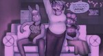 anthro clothing dialogue female female/female furniture group happy inside polyamory shirt sofa speech_bubble standing stretching t-shirt text topwear trio robindaydream super_lesbian_animal_rpg allison_goleta claire_higsby melody_amaranth bovid bovine canid canine cattle fox lagomorph leporid mammal rabbit 2023 comic english_text hi_res trans_(lore) trans_woman_(lore)